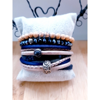 leren wikkelarmband donkerblauw/beige leren wikkelarmband donkerblauw/beige